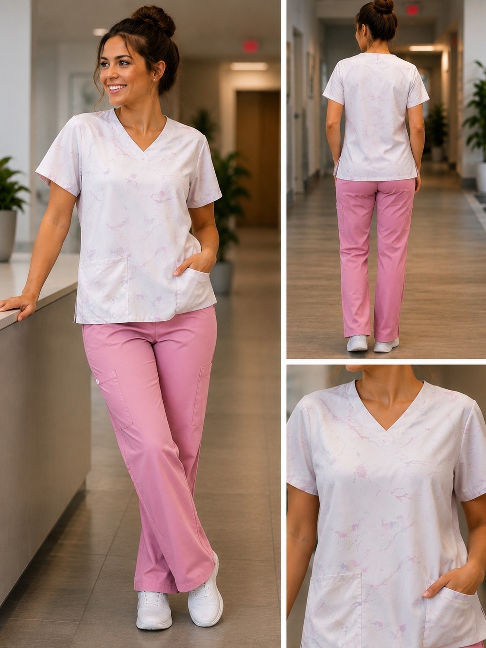 Women's Pink Two-Piece Scrub Set with Printed V-Neck Top